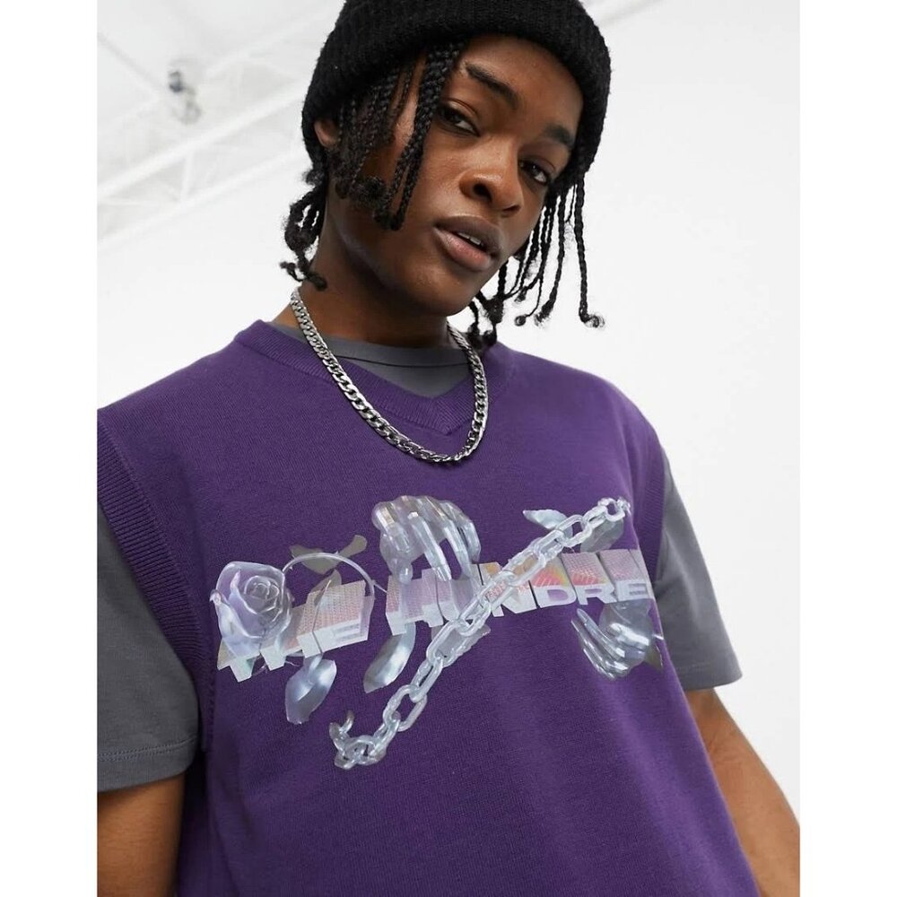 The Hundreds Mens Cosmo Knit Sweater Vest S Purple V neck Streetwear 90s Graphic